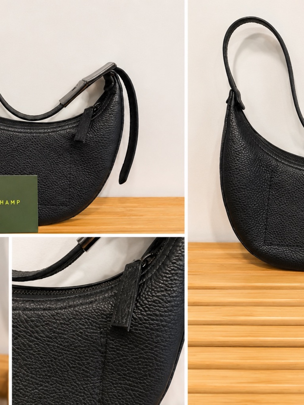 Longchamp Black Pebbled Crescent Shoulder Bag with Silver Hardware - Picture 3 of 3